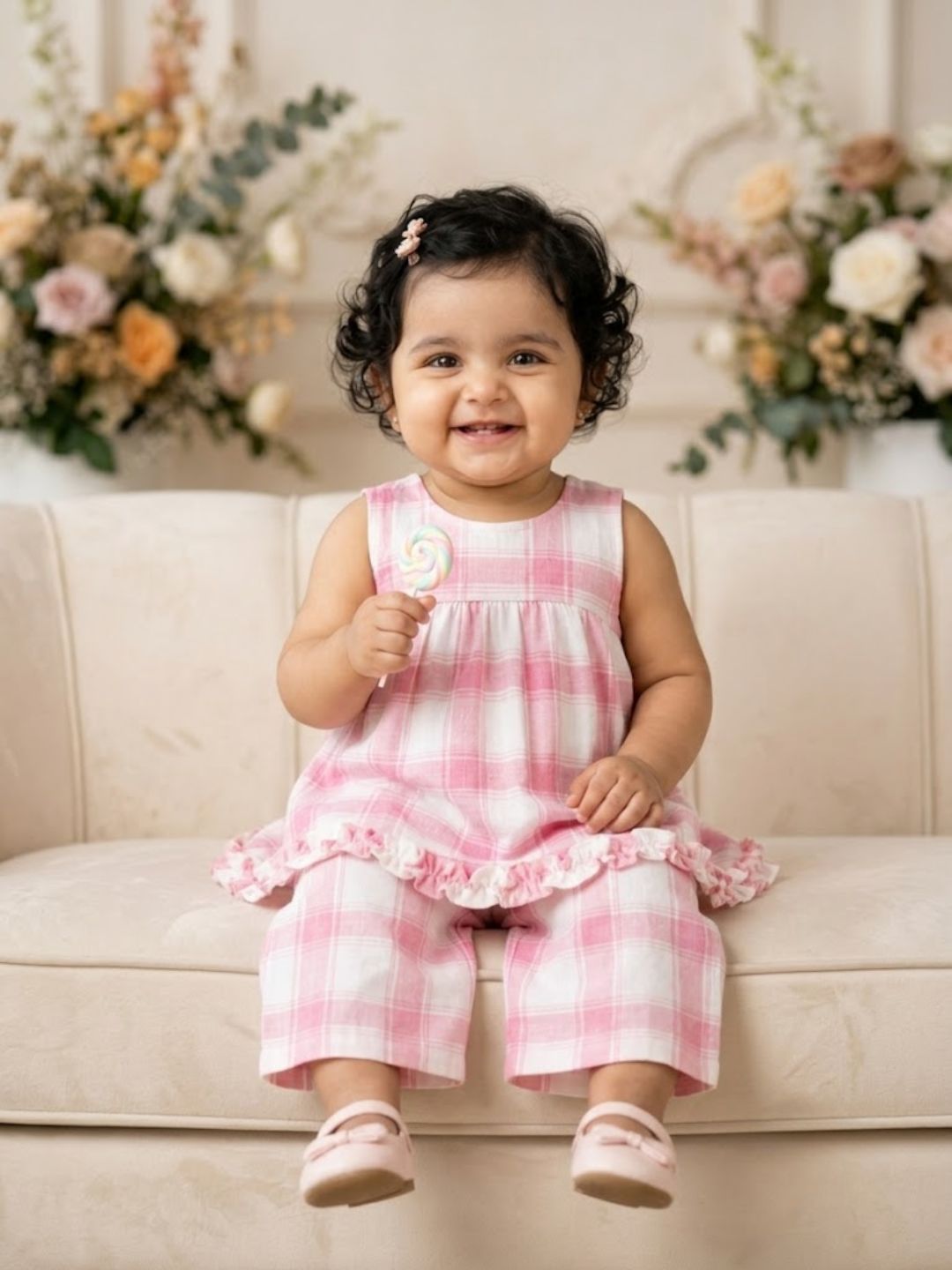 Pspeaches Baby Girl White & Pink Ethnic Printed Cotton A-Line Top With Pant Set