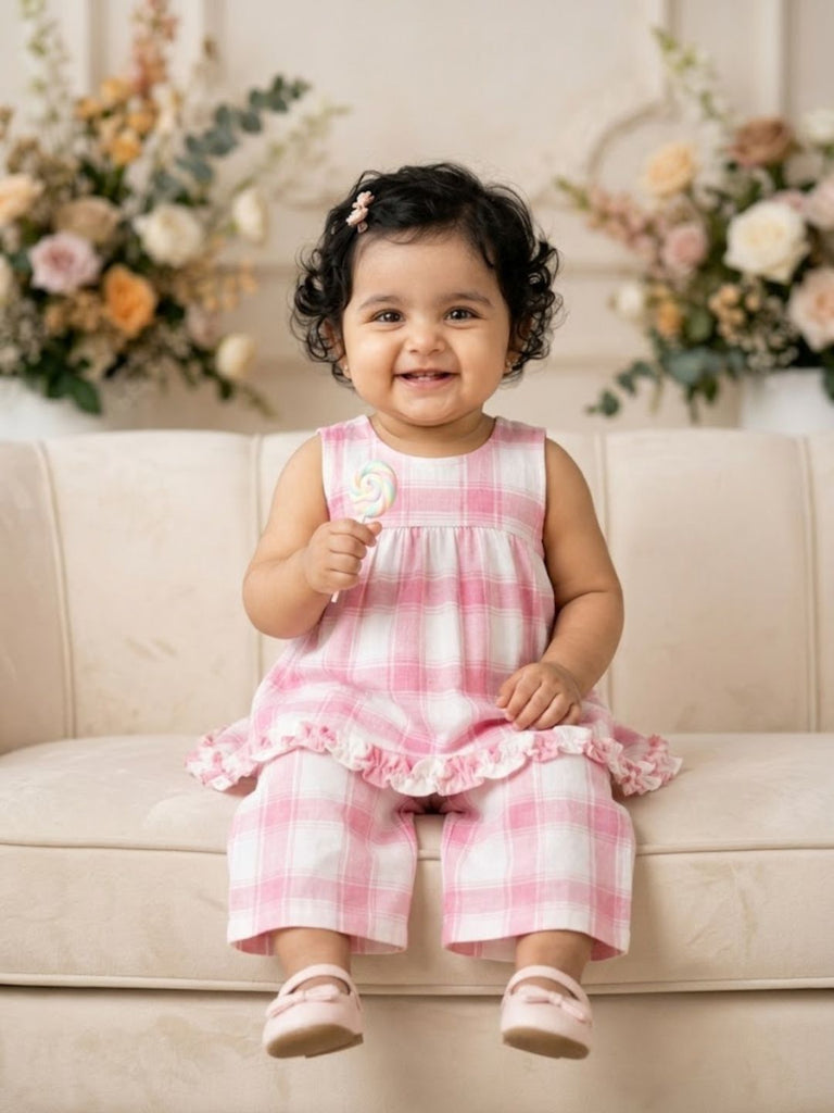 Pspeaches Baby Girl White & Pink Ethnic Printed Cotton A-Line Top With Pant Set