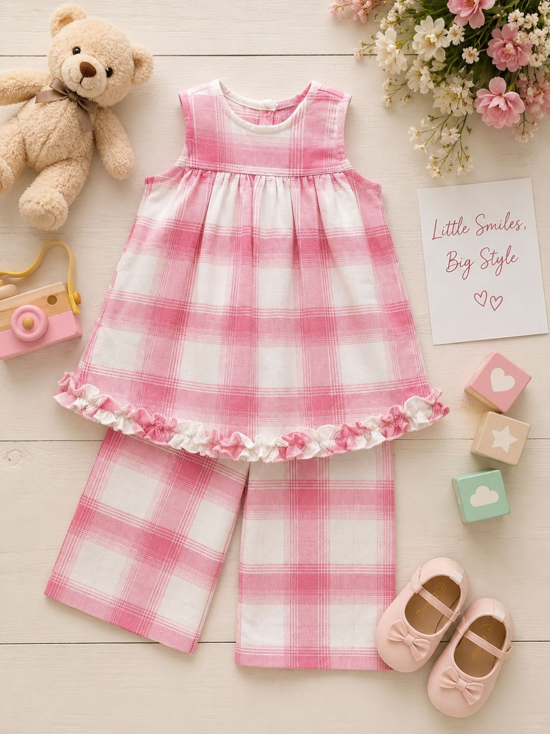 Pspeaches Baby Girl White & Pink Ethnic Printed Cotton A-Line Top With Pant Set