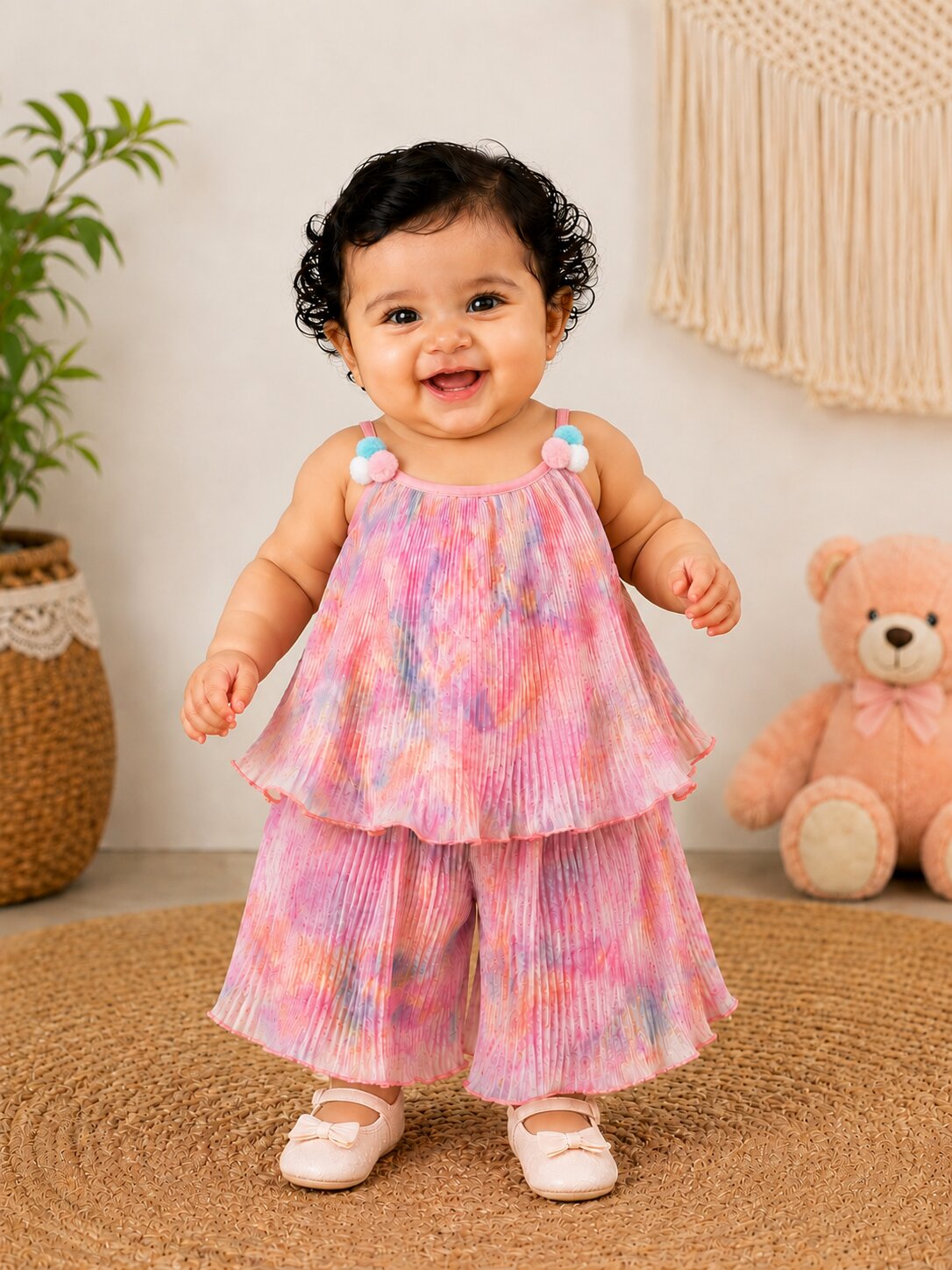 Pspeaches Baby Girl Multi Ethnic Multi Pleated Georgette A-Line Top With Pant Set