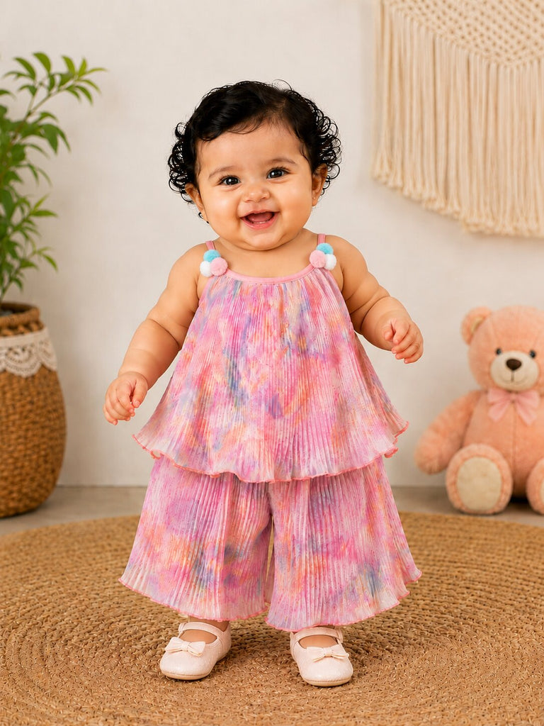 Pspeaches Baby Girl Multi Ethnic Multi Pleated Georgette A-Line Top With Pant Set