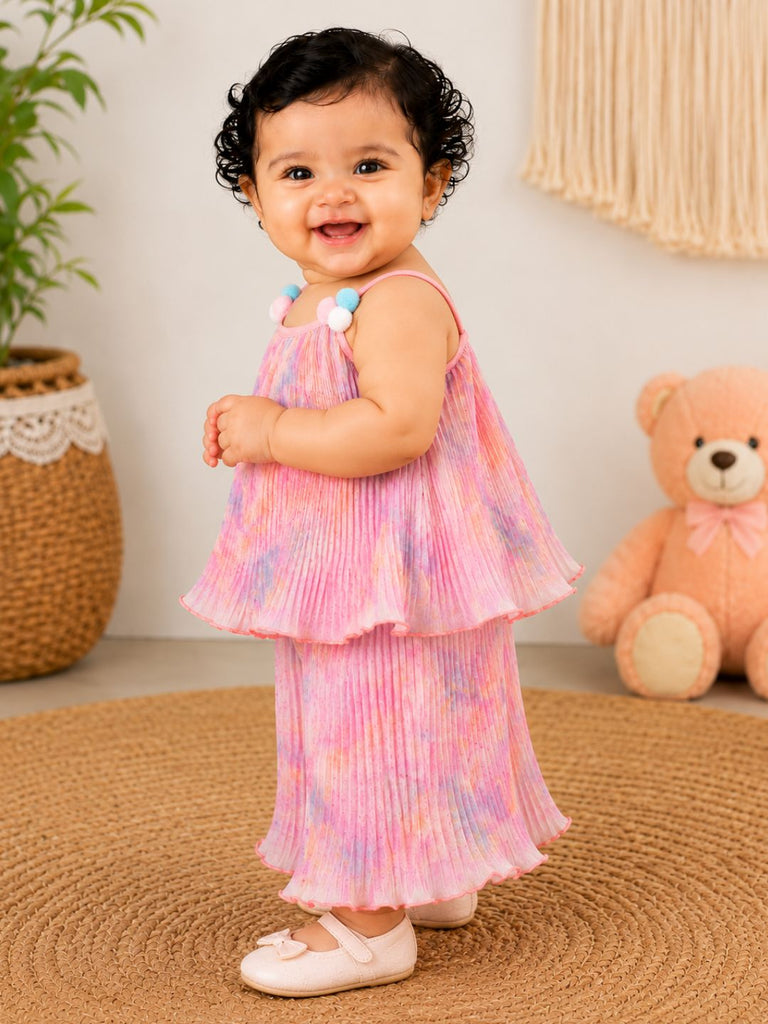 Pspeaches Baby Girl Multi Ethnic Multi Pleated Georgette A-Line Top With Pant Set