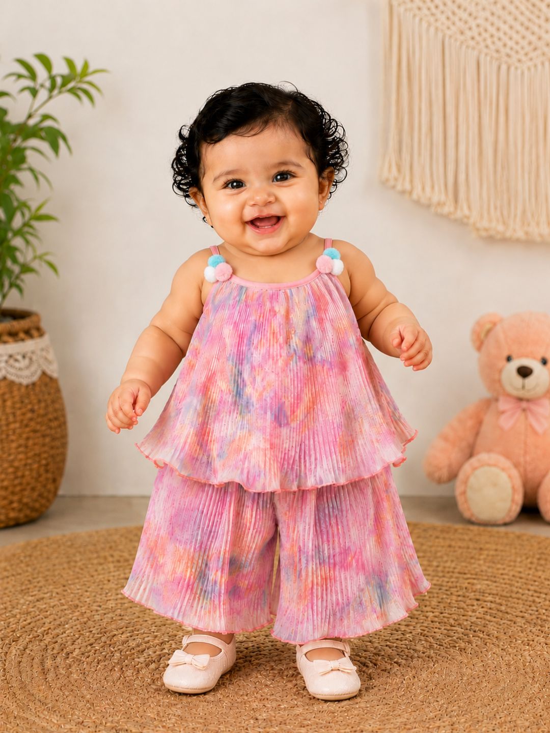 Pspeaches Baby Girl Multi Ethnic Multi Pleated Georgette A-Line Top With Pant Set