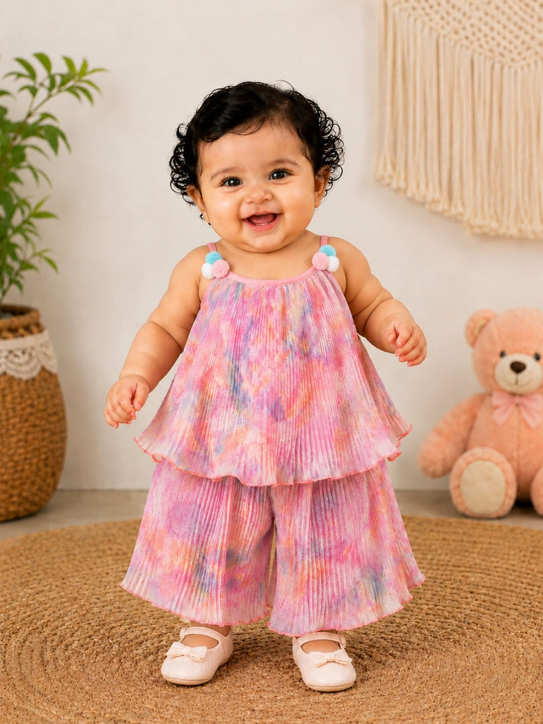 Pspeaches Baby Girl Multi Ethnic Multi Pleated Georgette A-Line Top With Pant Set