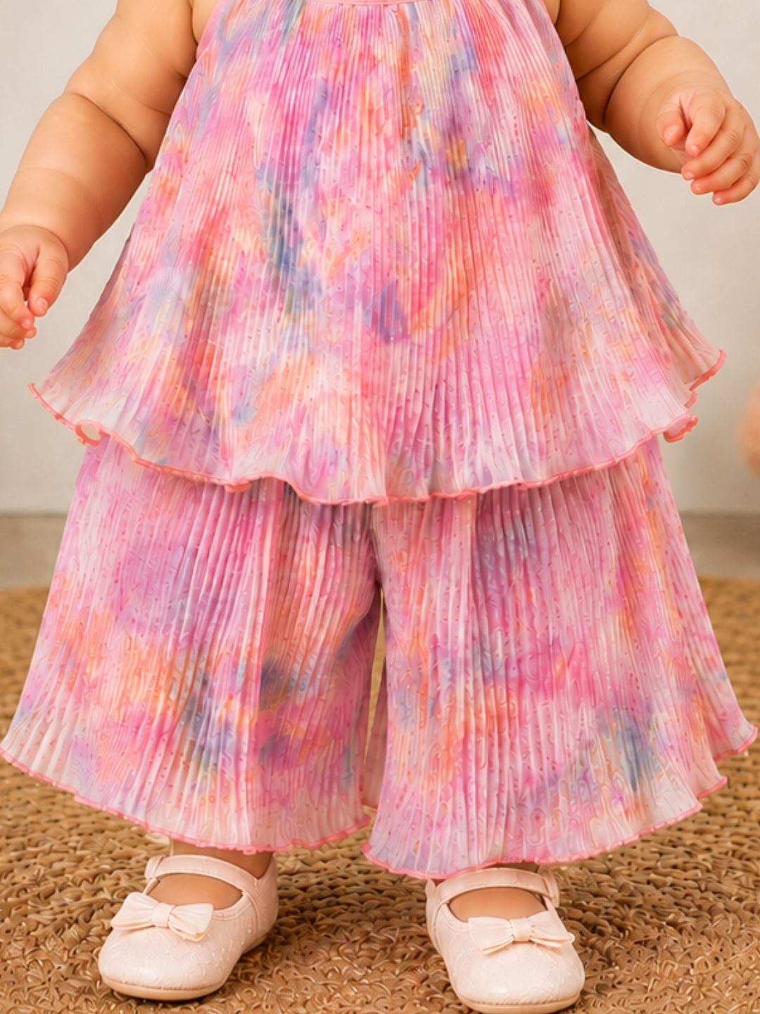 Pspeaches Baby Girl Multi Ethnic Multi Pleated Georgette A-Line Top With Pant Set