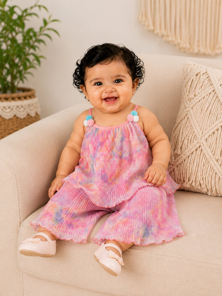 Pspeaches Baby Girl Multi Ethnic Multi Pleated Georgette A-Line Top With Pant Set