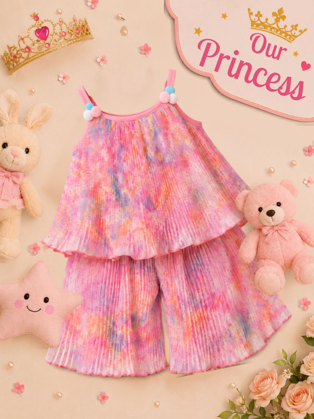 Pspeaches Baby Girl Multi Ethnic Multi Pleated Georgette A-Line Top With Pant Set