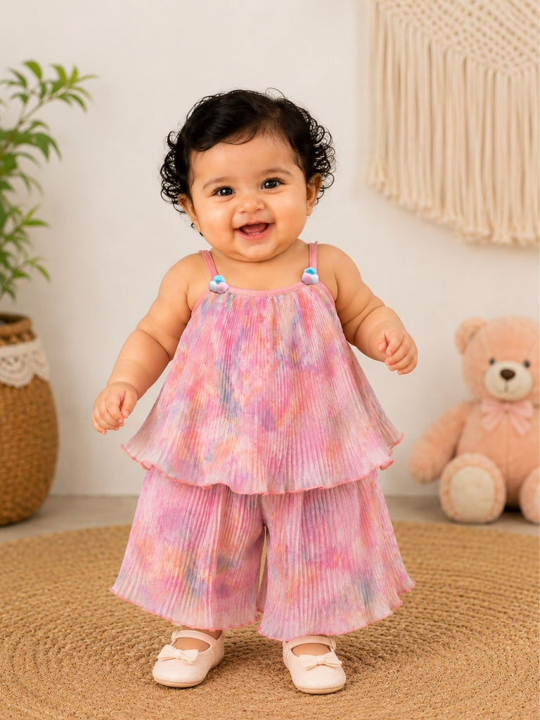 Pspeaches Baby Girl Multi Ethnic Multi Pleated Georgette A-Line Top With Pant Set