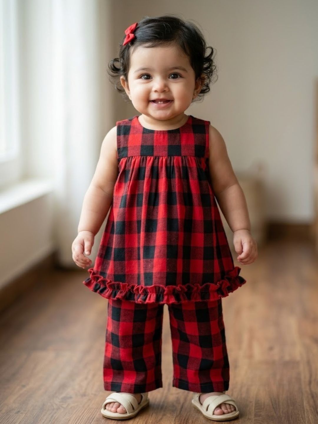 Pspeaches Baby Girl Red & Black Ethnic Printed Cotton Peplum Set Top With Pant Set