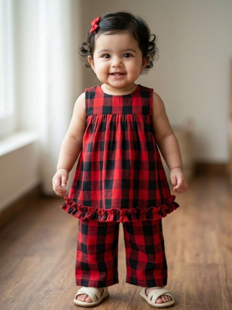 Pspeaches Baby Girl Red & Black Ethnic Printed Cotton Peplum Set Top With Pant Set