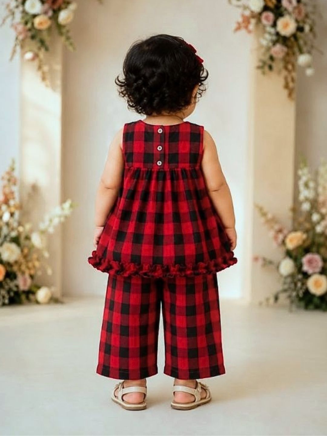 Pspeaches Baby Girl Red & Black Ethnic Printed Cotton Peplum Set Top With Pant Set