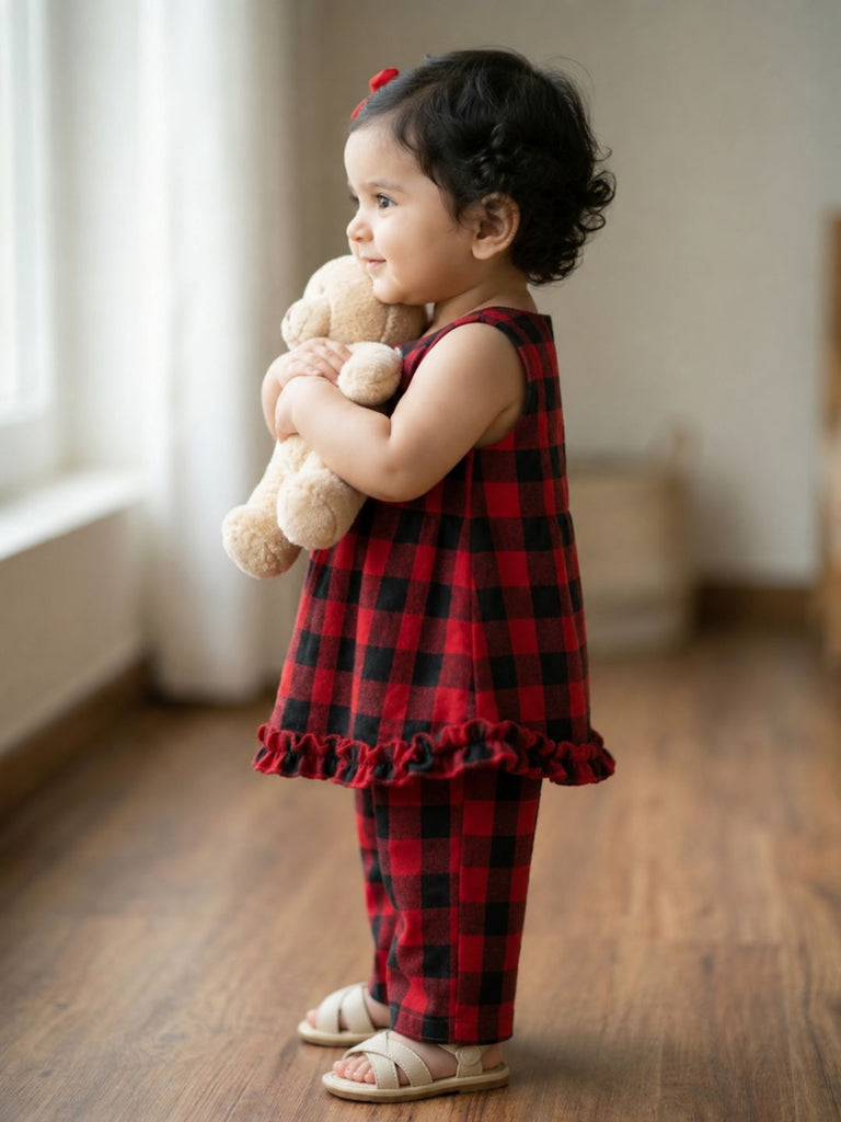 Pspeaches Baby Girl Red & Black Ethnic Printed Cotton Peplum Set Top With Pant Set
