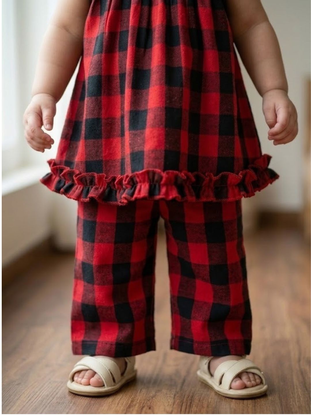 Pspeaches Baby Girl Red & Black Ethnic Printed Cotton Peplum Set Top With Pant Set