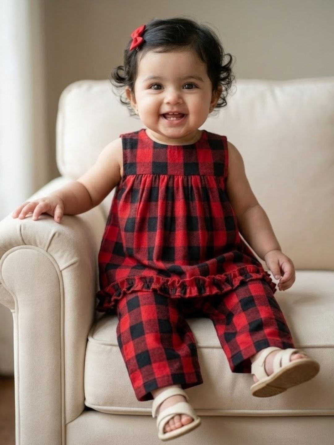 Pspeaches Baby Girl Red & Black Ethnic Printed Cotton Peplum Set Top With Pant Set