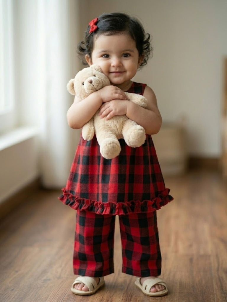 Pspeaches Baby Girl Red & Black Ethnic Printed Cotton Peplum Set Top With Pant Set