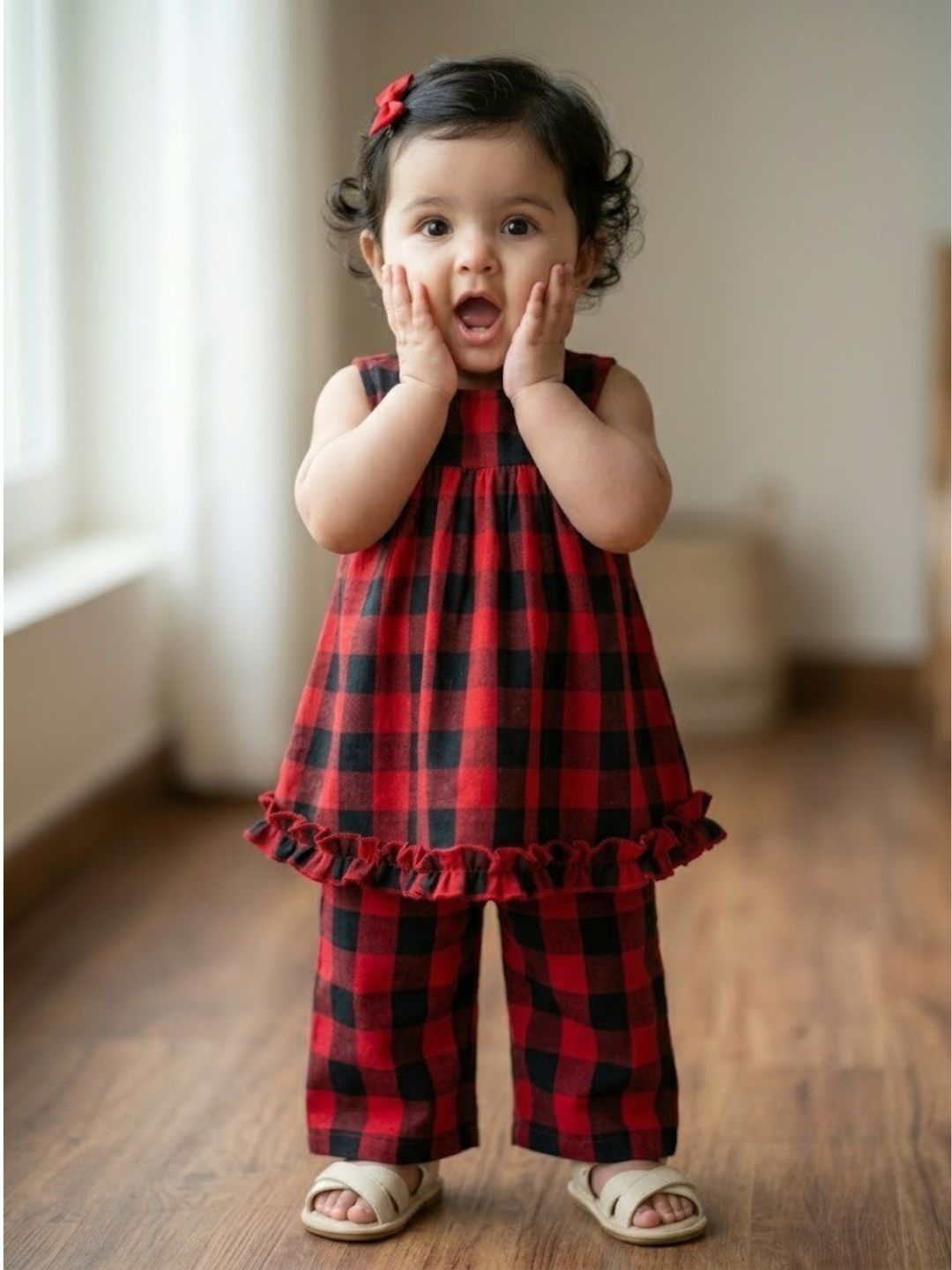 Pspeaches Baby Girl Red & Black Ethnic Printed Cotton Peplum Set Top With Pant Set