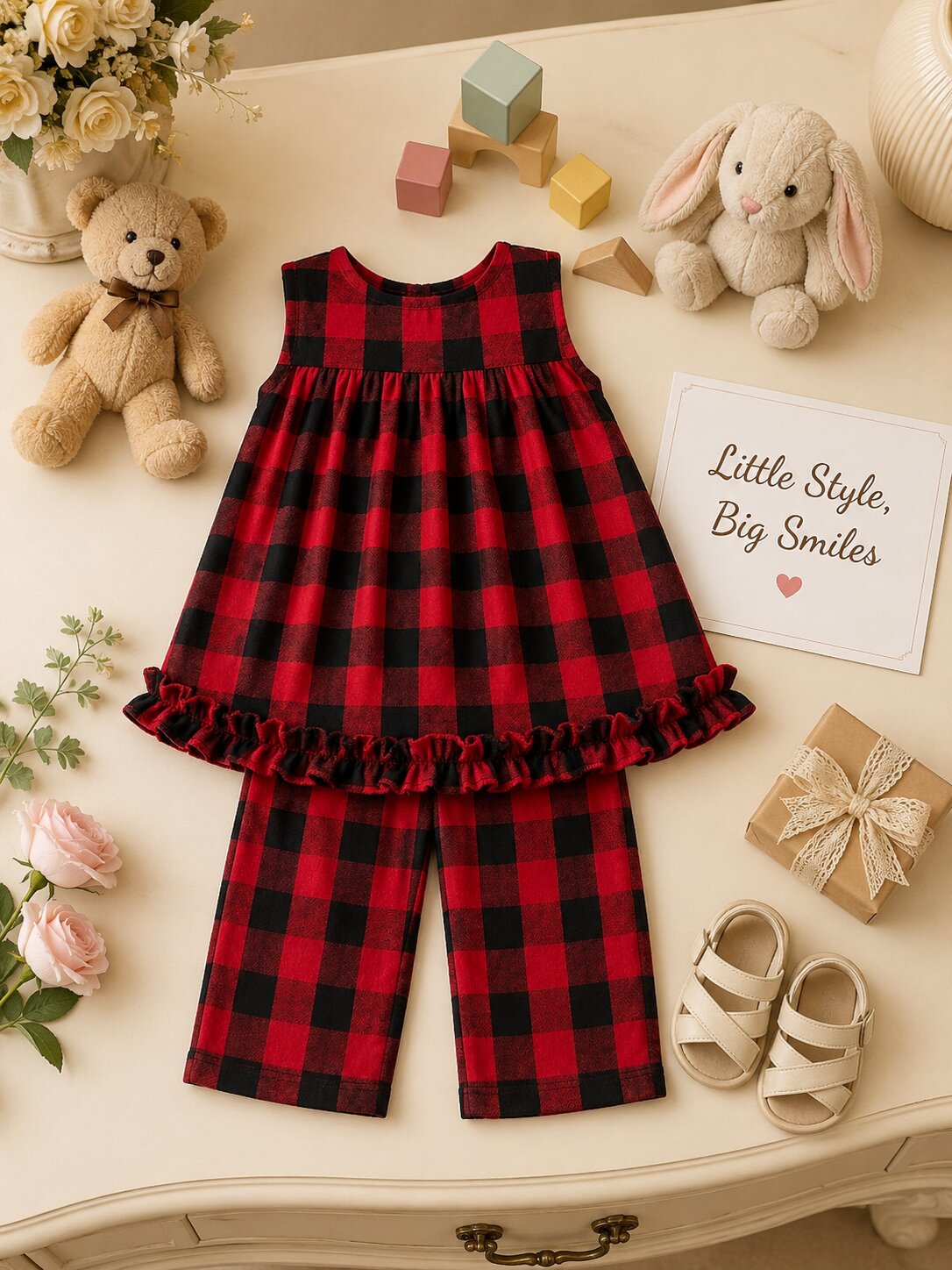 Pspeaches Baby Girl Red & Black Ethnic Printed Cotton Peplum Set Top With Pant Set