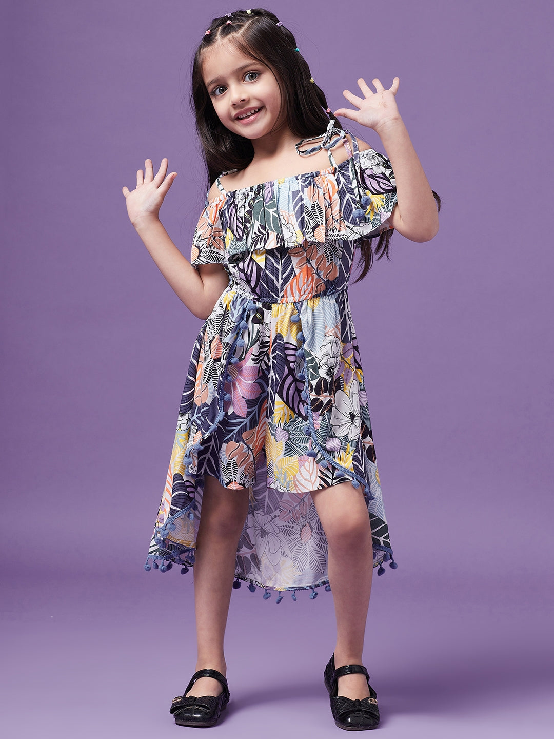 Girls Printed Cotton Off-shoulder Playsuit (j-multileaf)