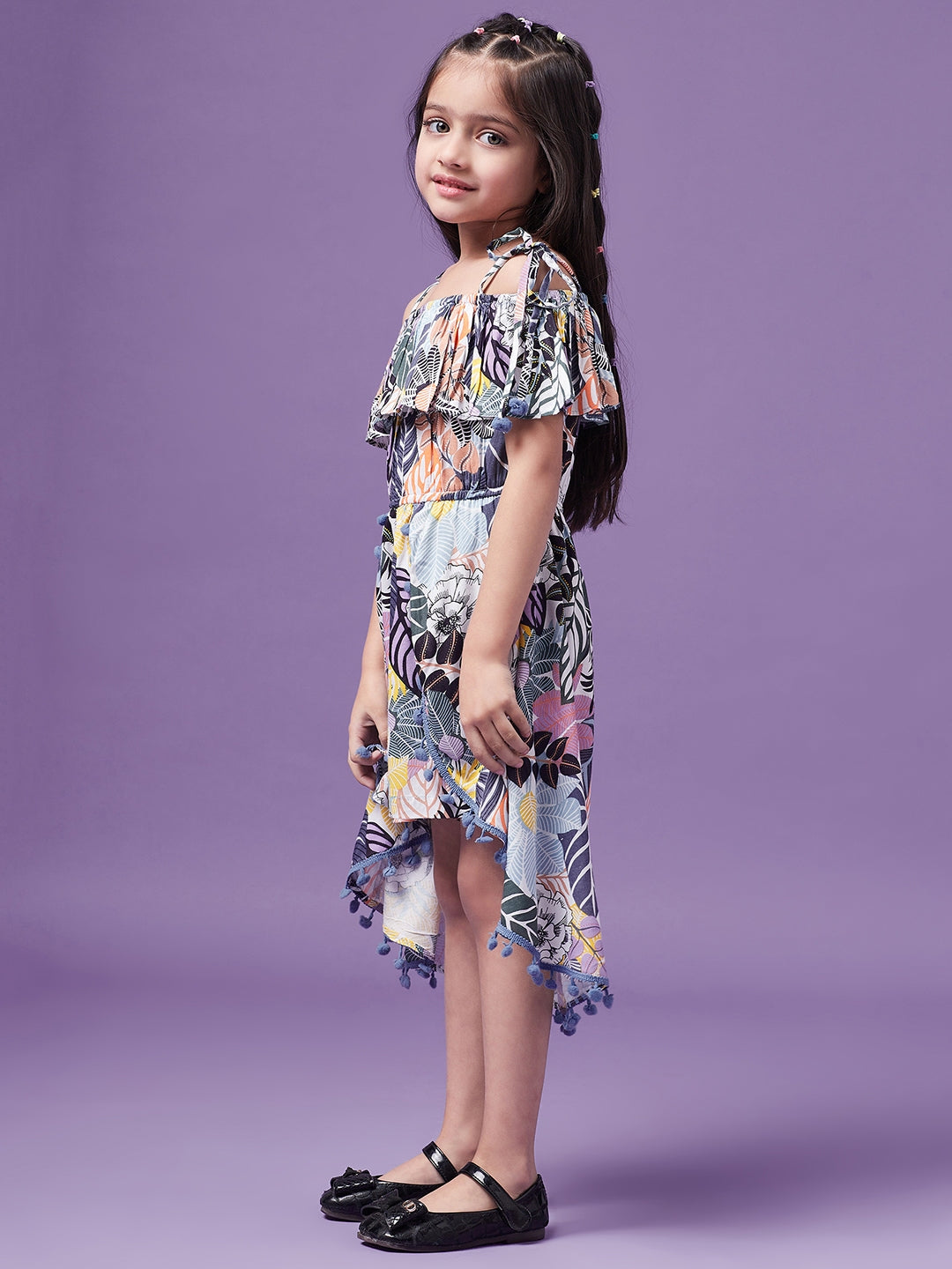 Girls Printed Cotton Off-shoulder Playsuit (j-multileaf)