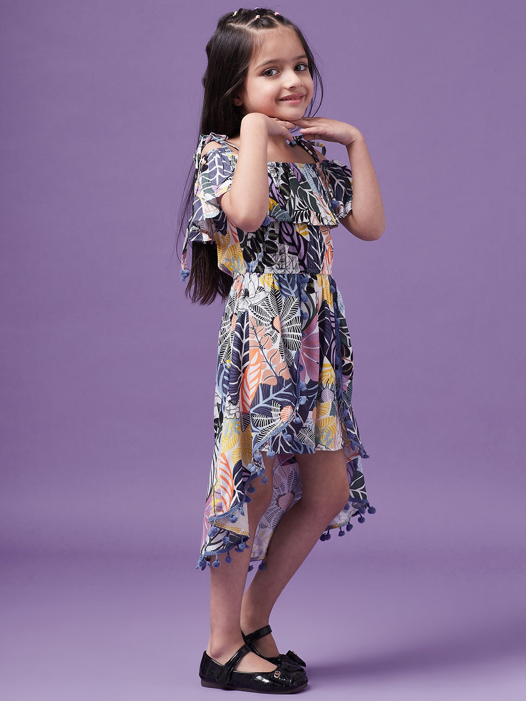 Girls Printed Cotton Off-shoulder Playsuit (j-multileaf)