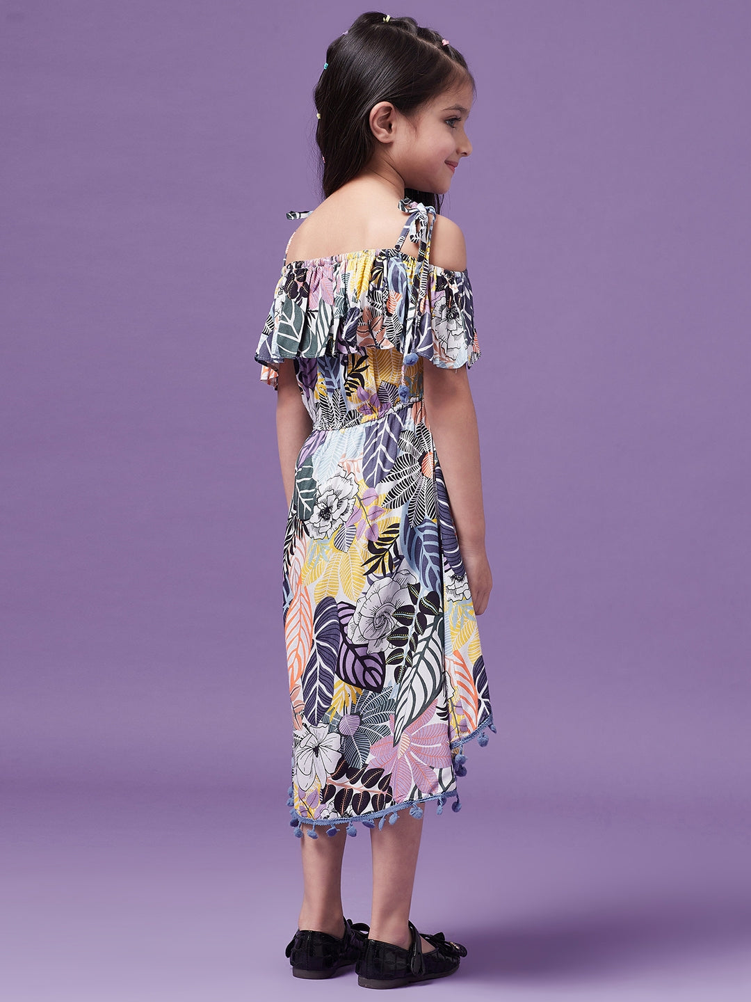 Girls Printed Cotton Off-shoulder Playsuit (j-multileaf)