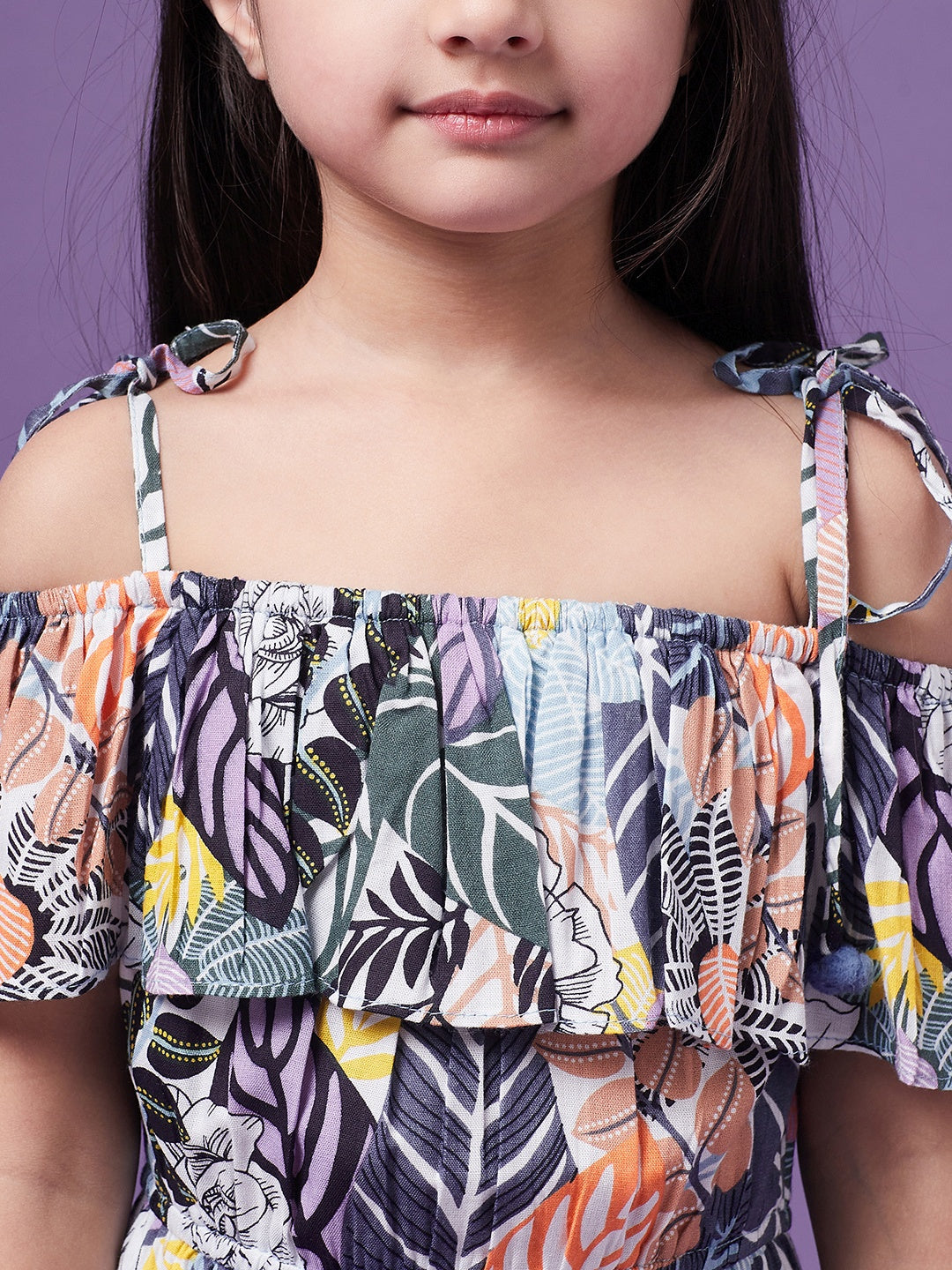 Girls Printed Cotton Off-shoulder Playsuit (j-multileaf)
