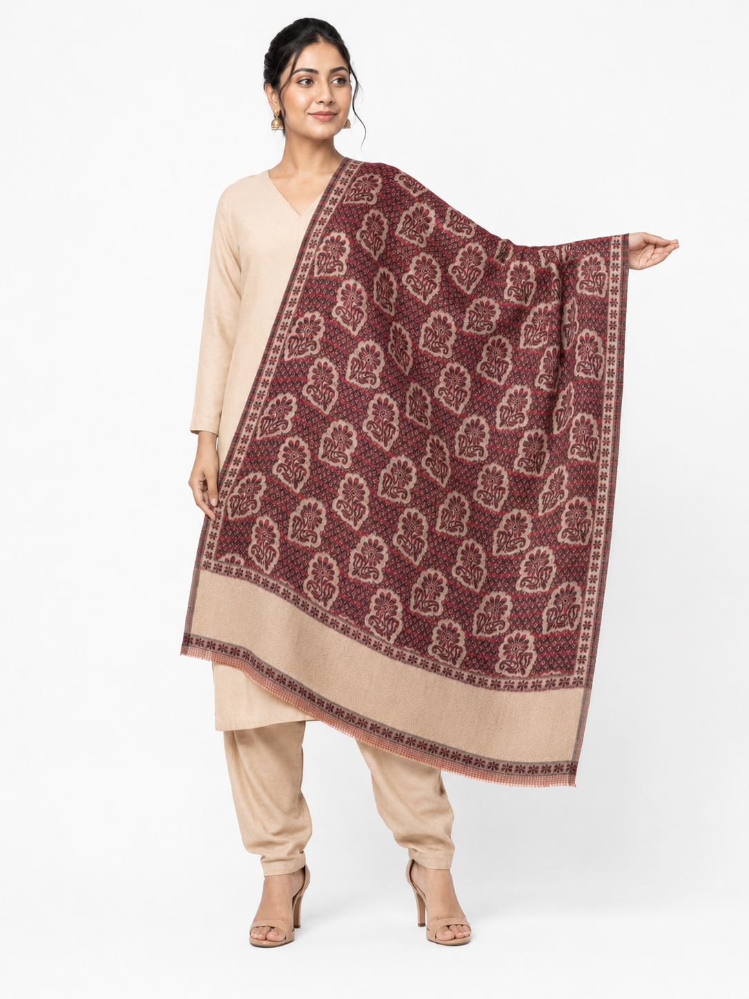 Pspeaches Women's Maroon Acrylic Raised Floral Woolen Shawl
