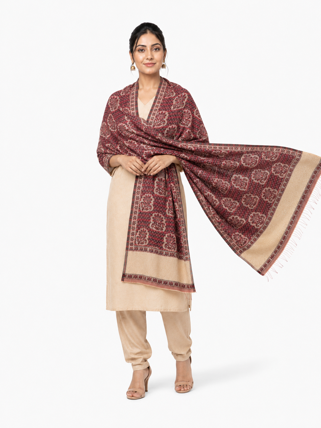 Pspeaches Women's Maroon Acrylic Raised Floral Woolen Shawl
