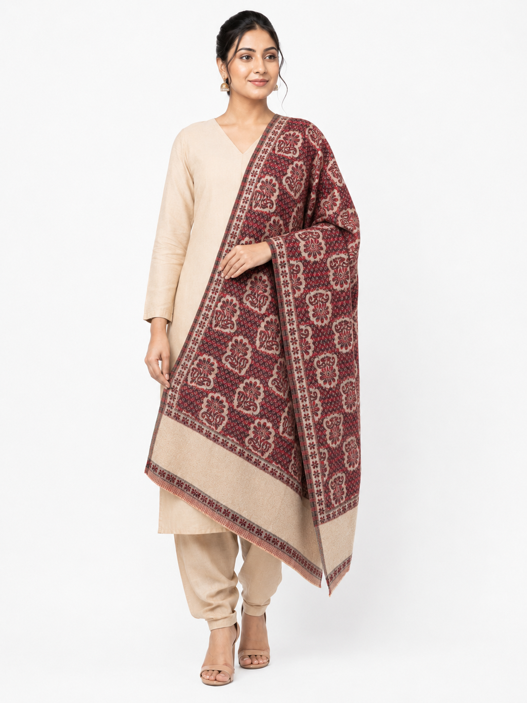 Pspeaches Women's Maroon Acrylic Raised Floral Woolen Shawl