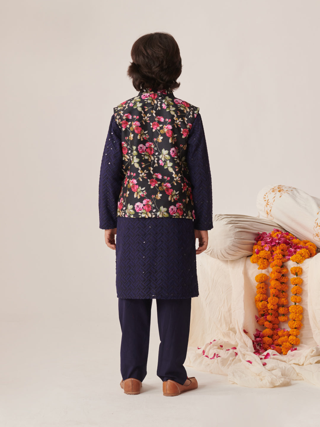 Boys Floral Embroidered Regular Sequinned Kurta With Pyjamas (KP-BLACKPINKFLOWER)