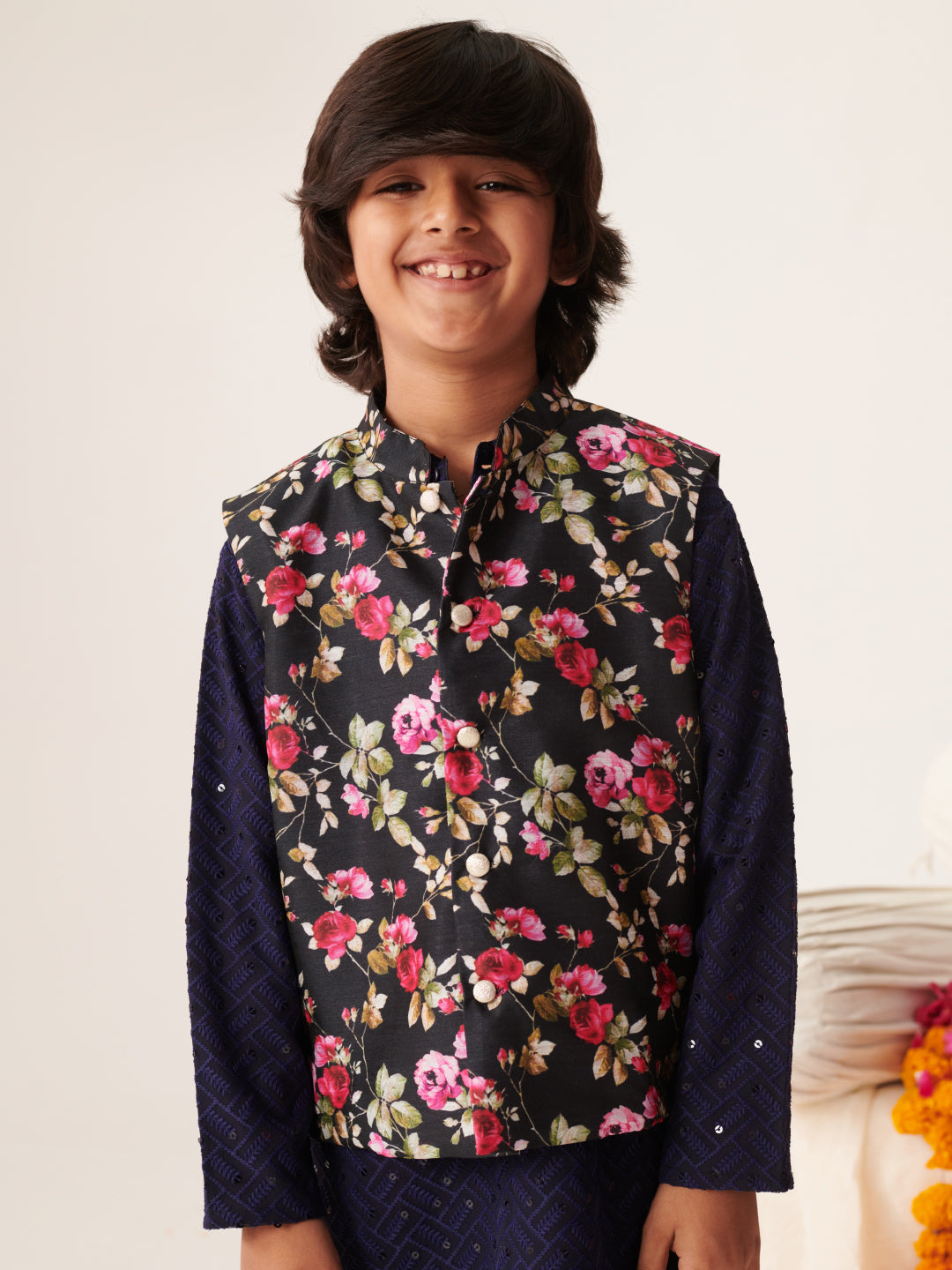 Boys Floral Embroidered Regular Sequinned Kurta With Pyjamas (KP-BLACKPINKFLOWER)