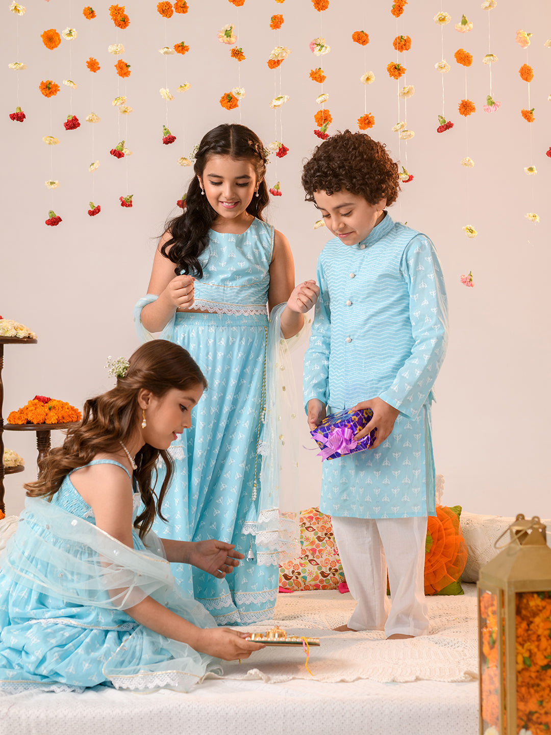 Boys Printed Pure Cotton Kurta with Pyjamas (KP-BLUEKHADDI)