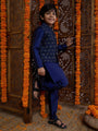 Boys Mandarin Collar Straight Kurta Pyjamas With Nehru Jacket (KP-BLUETAFETA)
