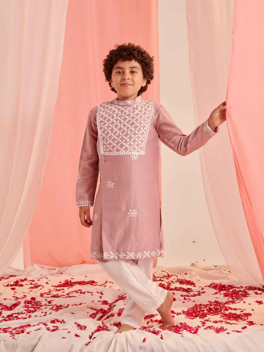 Boys Floral Embroidered Regular Kurta With Pyjamas (KP-DUSTYPINK)