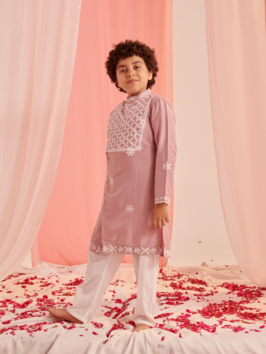 Boys Floral Embroidered Regular Kurta With Pyjamas (KP-DUSTYPINK)