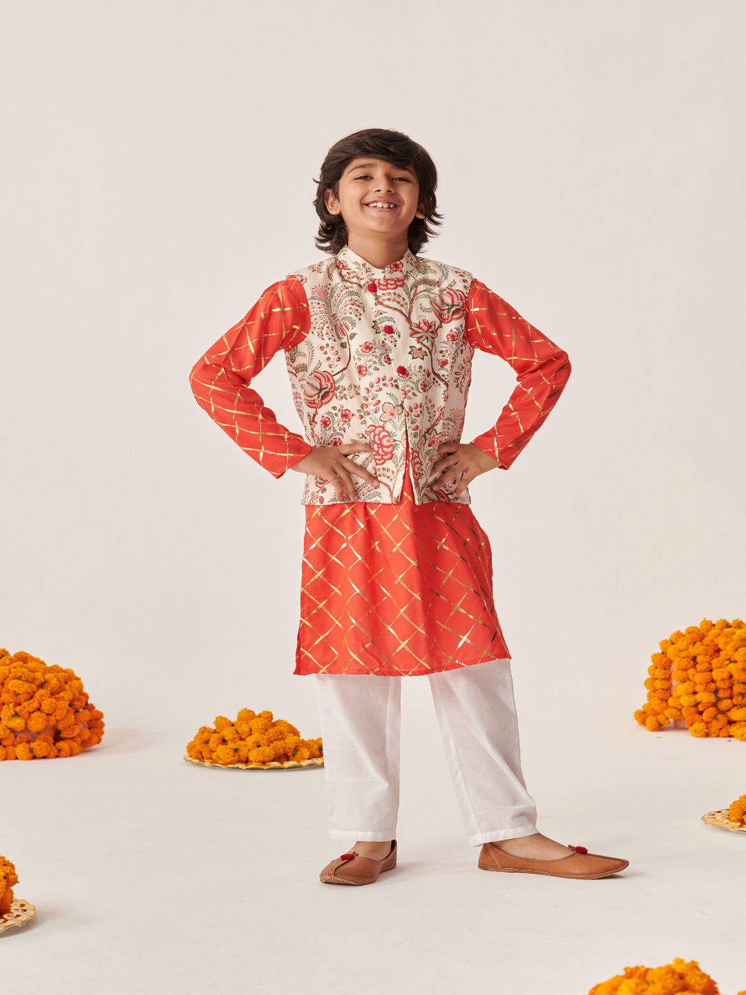 Boys Printed Regular Kurta With Pyjamas (KP-FOILORANGE)