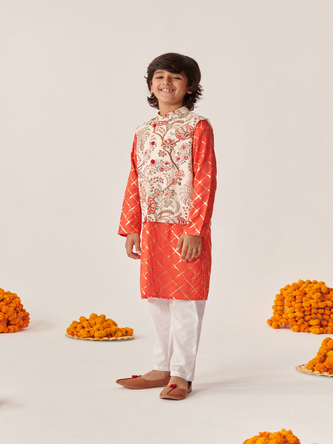 Boys Printed Regular Kurta With Pyjamas (KP-FOILORANGE)