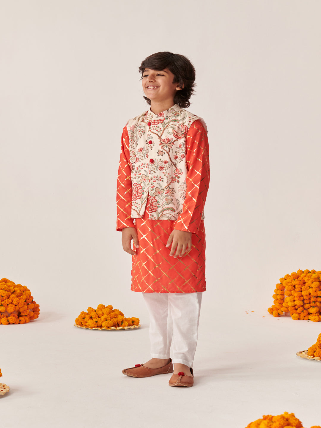 Boys Printed Regular Kurta With Pyjamas (KP-FOILORANGE)