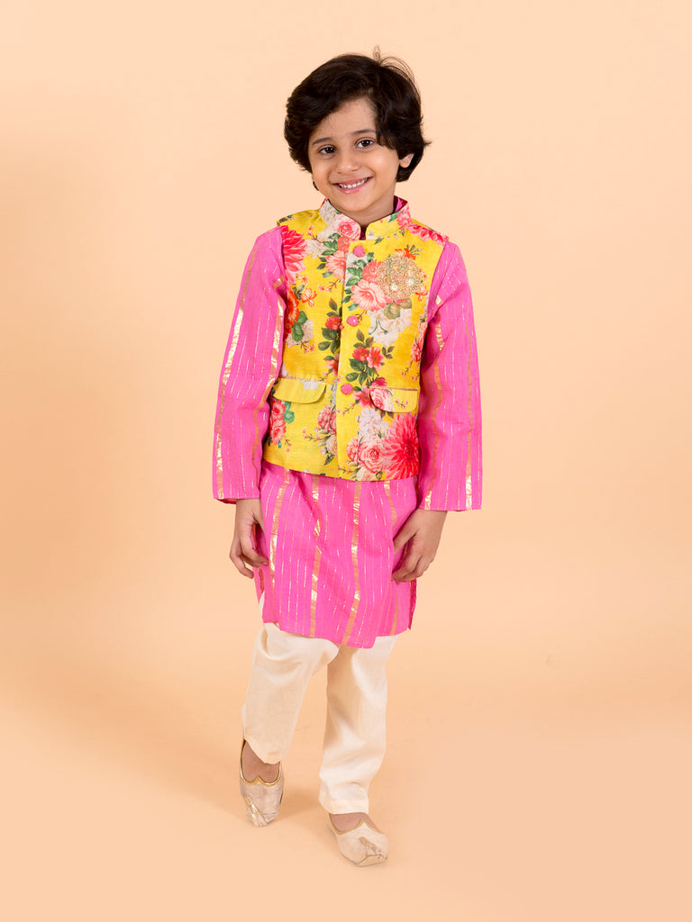 Boys Pink Floral Embroidered Kurti with Trousers (KP-floralggt)
