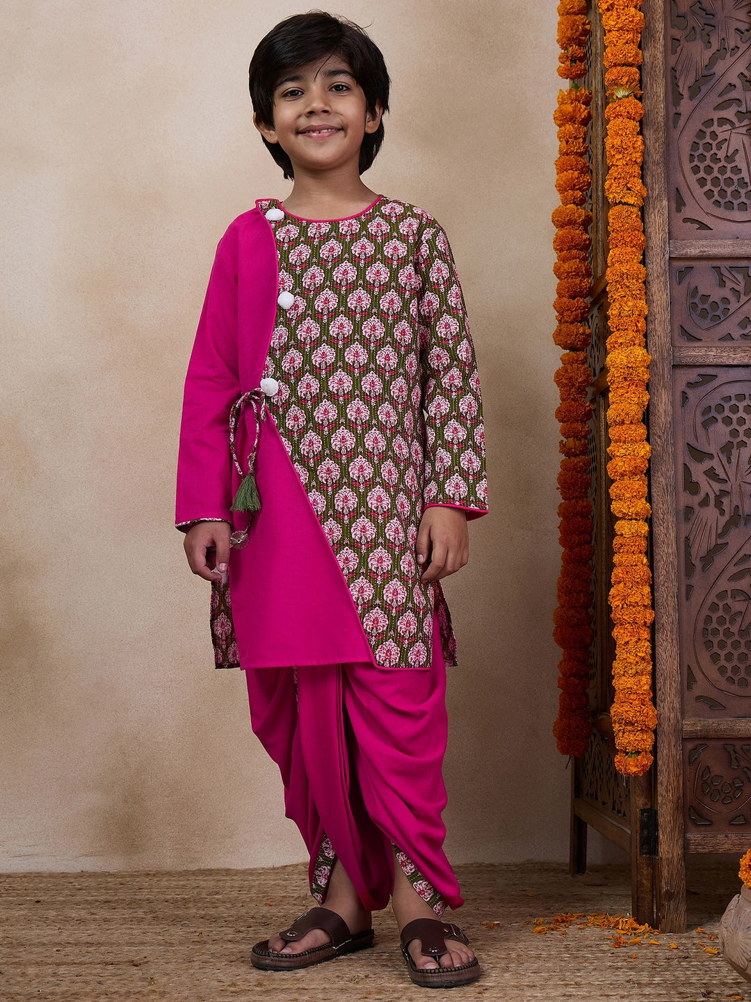 Boys Floral Printed Long Sleeves Straight Kurta With Dhoti Pants (KP-GREENDOBBY)