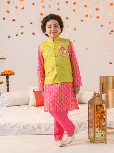 Boys Ethnic Motifs Printed Pure Cotton Kurta with Pyjamas & Nahru Jacket (KP-GREENFOIL_1)