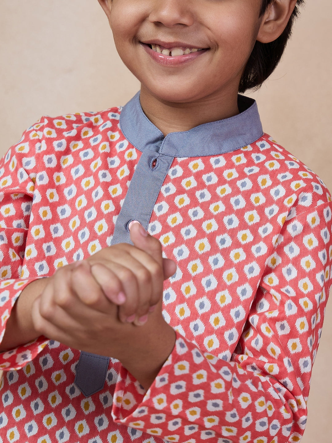 Boys Mandarin Collar Floral Printed Regular Kurta With Pyjamas (KP-GREYPEACH)