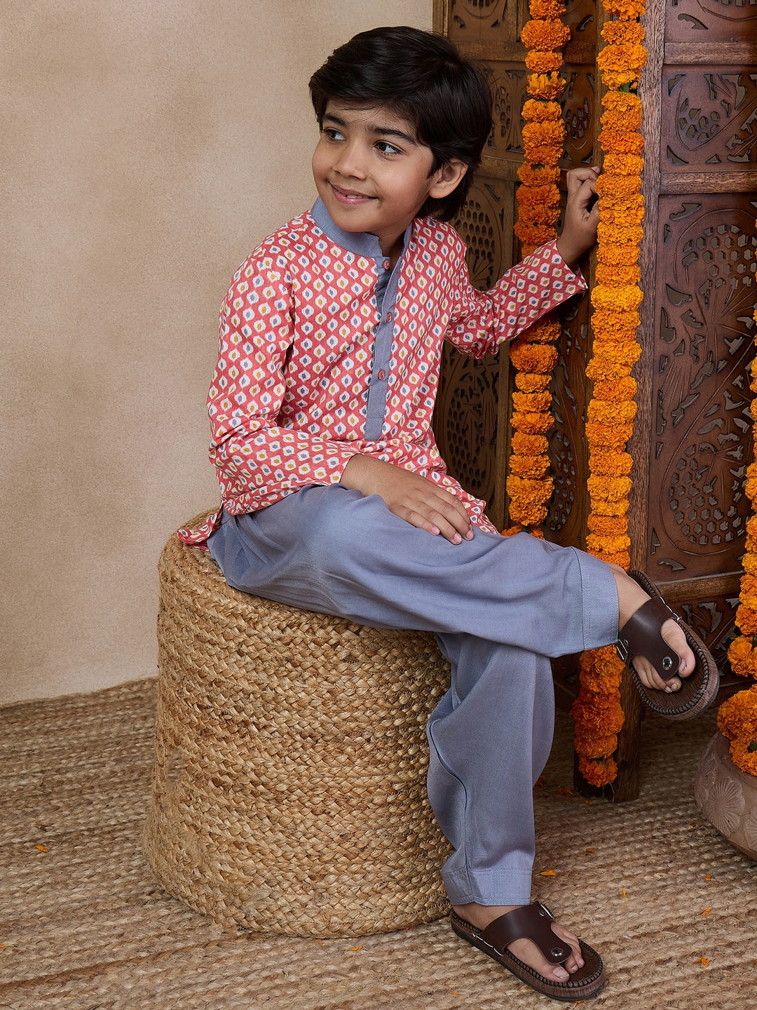 Boys Mandarin Collar Floral Printed Regular Kurta With Pyjamas (KP-GREYPEACH)