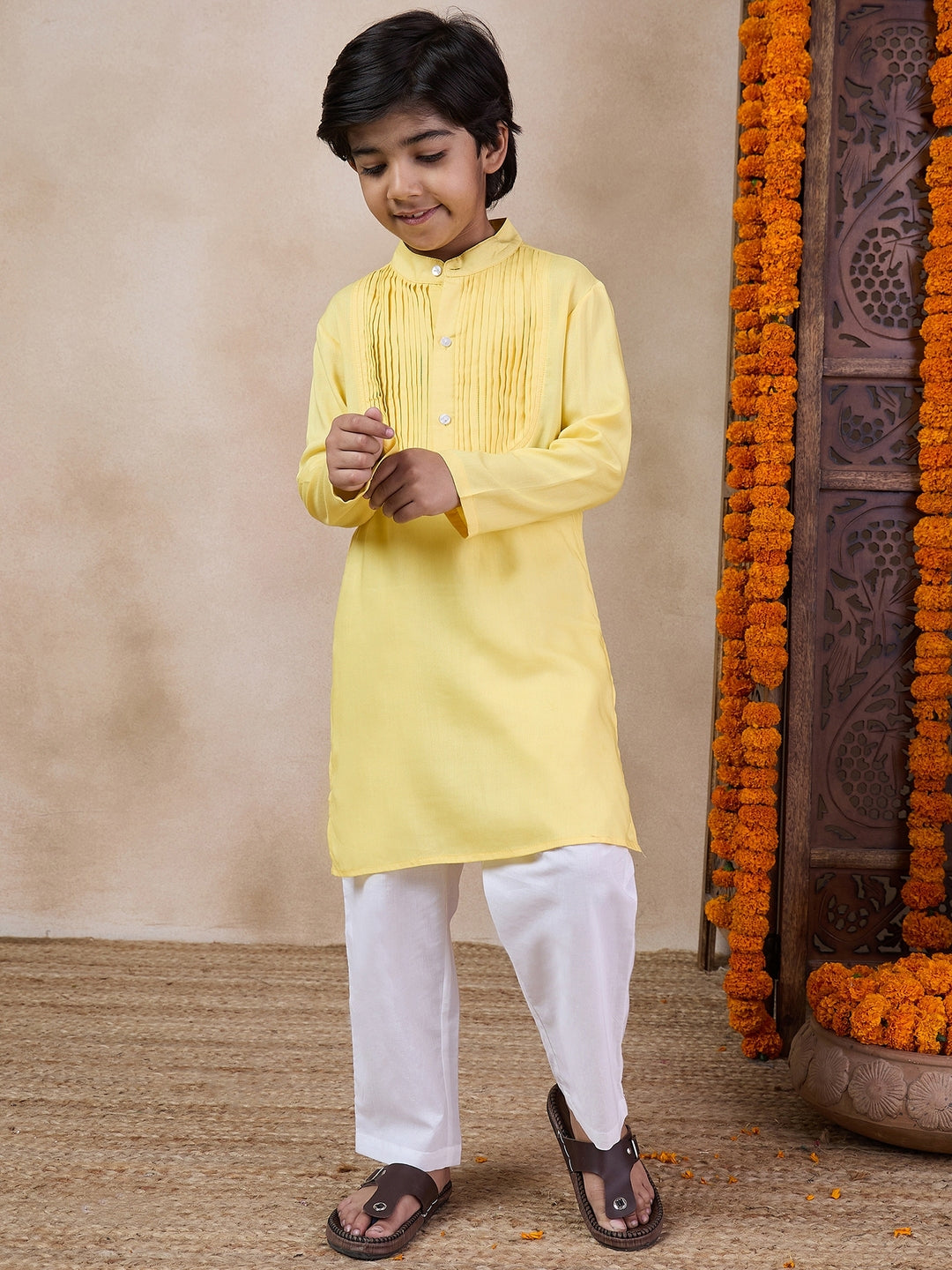 Boys Yoke Design Band Collar Straight Kurta With Pyjamas (KP-LEMONPINTUCKS)
