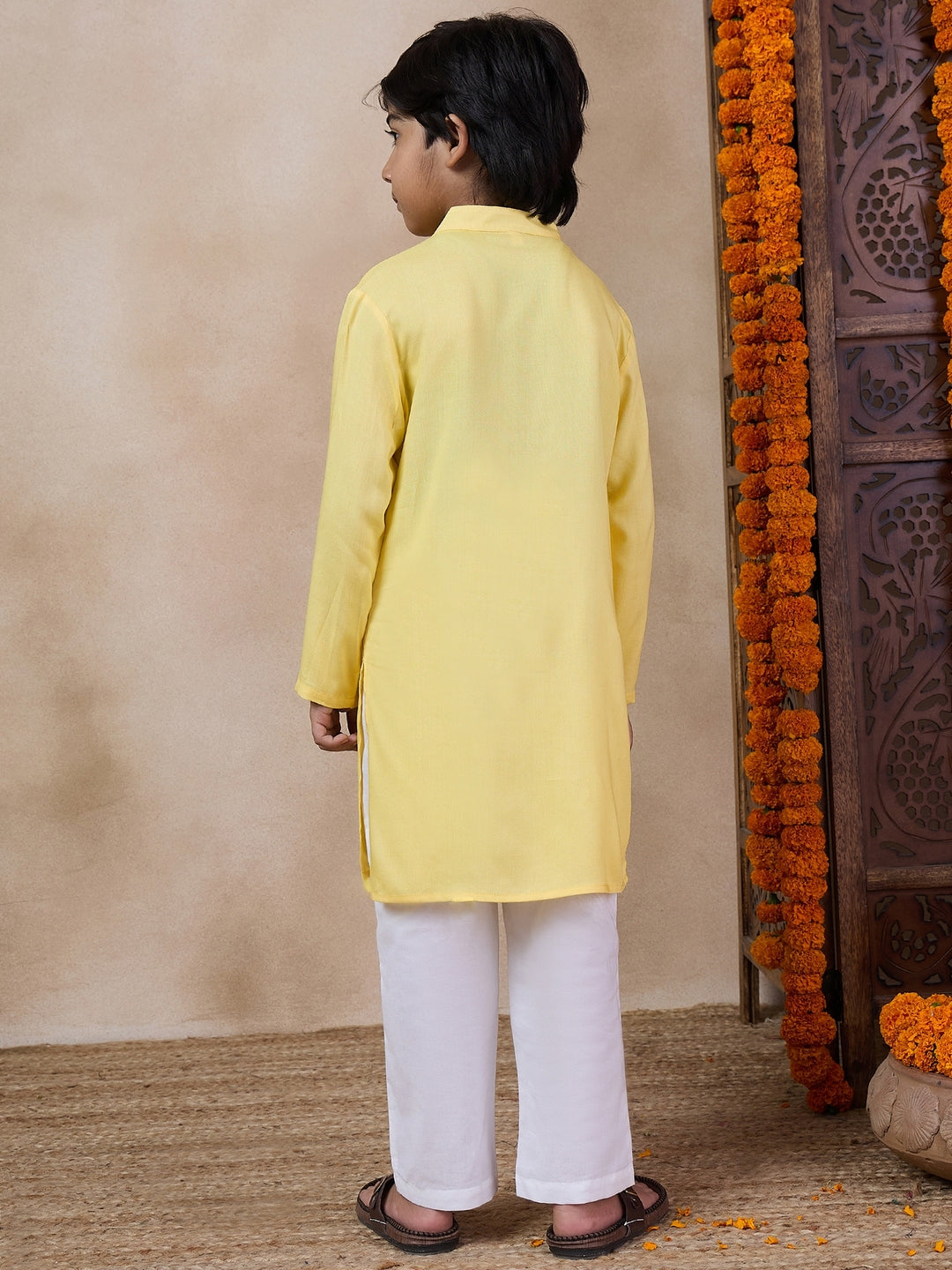 Boys Yoke Design Band Collar Straight Kurta With Pyjamas (KP-LEMONPINTUCKS)