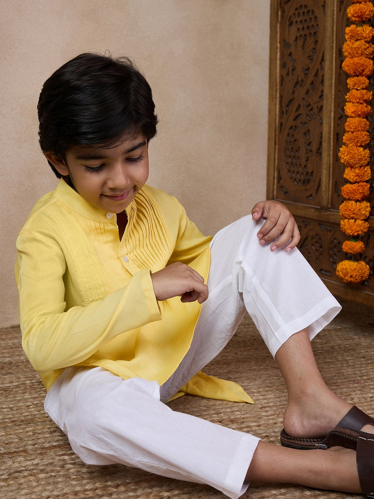 Boys Yoke Design Band Collar Straight Kurta With Pyjamas (KP-LEMONPINTUCKS)