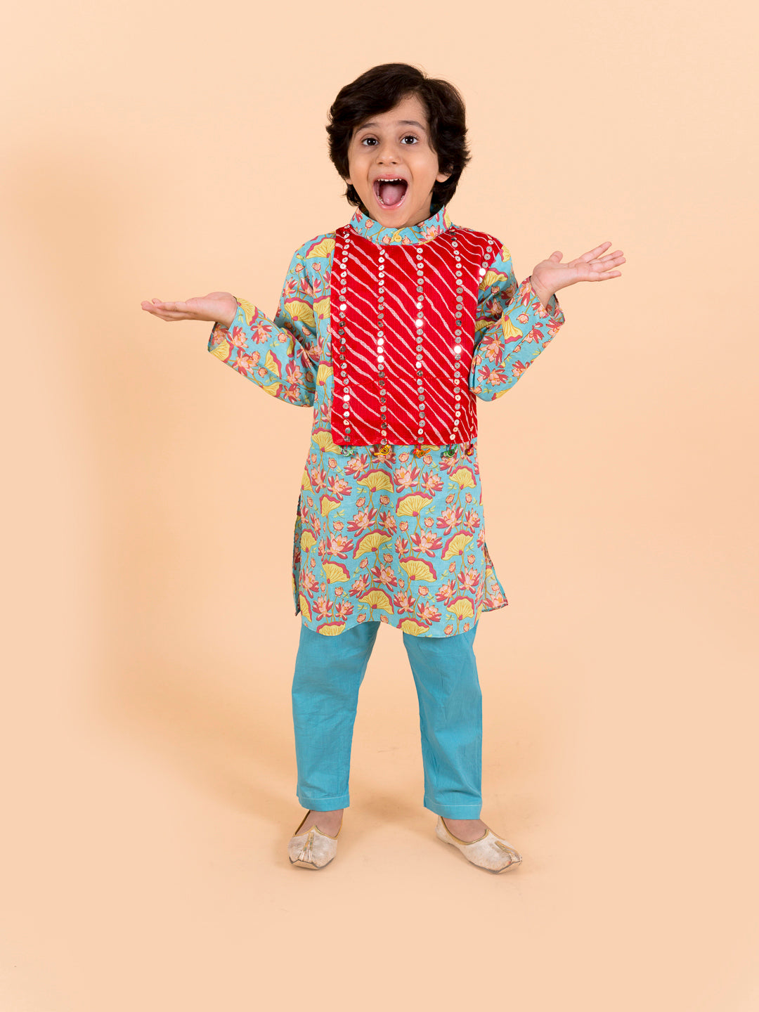 Boys Sea Green Printed Kurta with Pyjama Set (Kp-lotus)