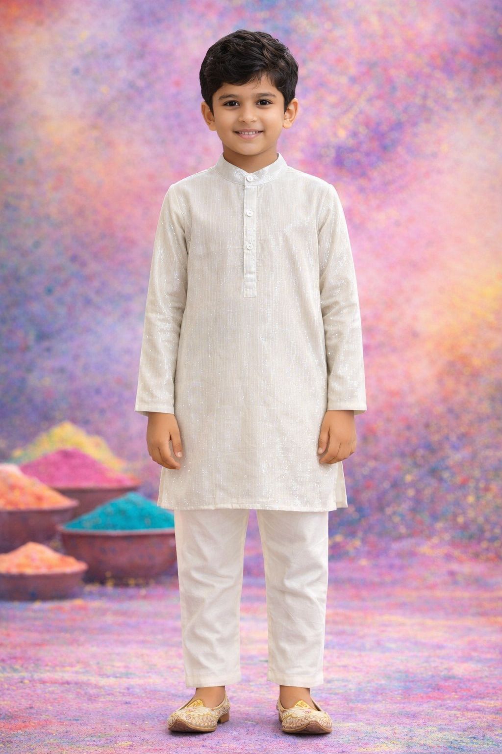 Pspeaches Boys White Ethnic Shibori A-Line Cotton Kurta With Pyjamas ( Sku-Kp-Lurexsilver )