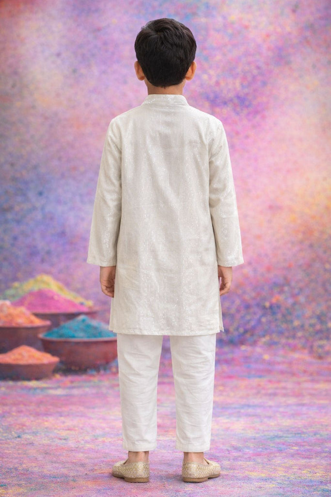 Pspeaches Boys White Ethnic Shibori A-Line Cotton Kurta With Pyjamas ( Sku-Kp-Lurexsilver )