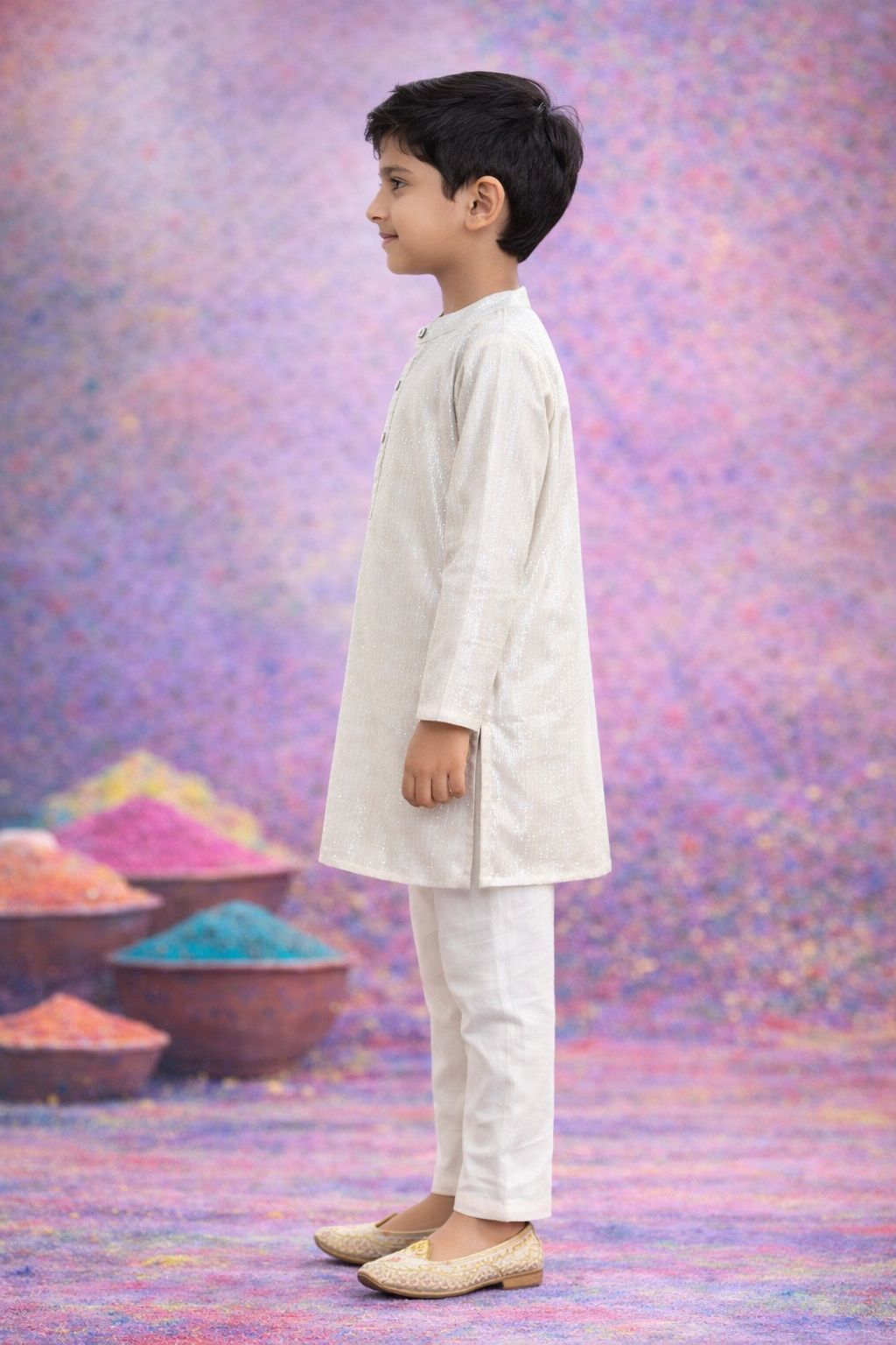 Pspeaches Boys White Ethnic Shibori A-Line Cotton Kurta With Pyjamas ( Sku-Kp-Lurexsilver )